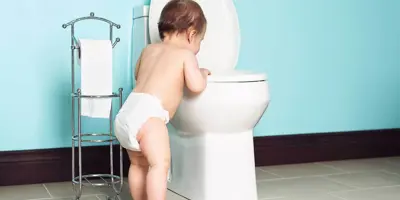 A toddler looking inside the toilet