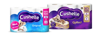 Pack of Cushelle Original longer lasting toilet roll and Cushelle Quilted longer lasting toilet roll