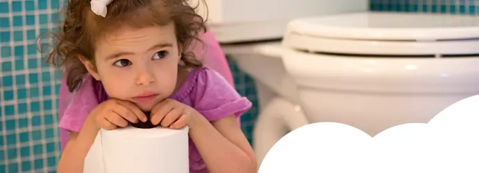 little girl holding a toilet paper roll about to learn how to wipe her bottom